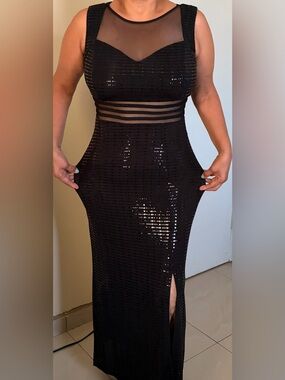Black Sequin Mesh Panel Evening Gown